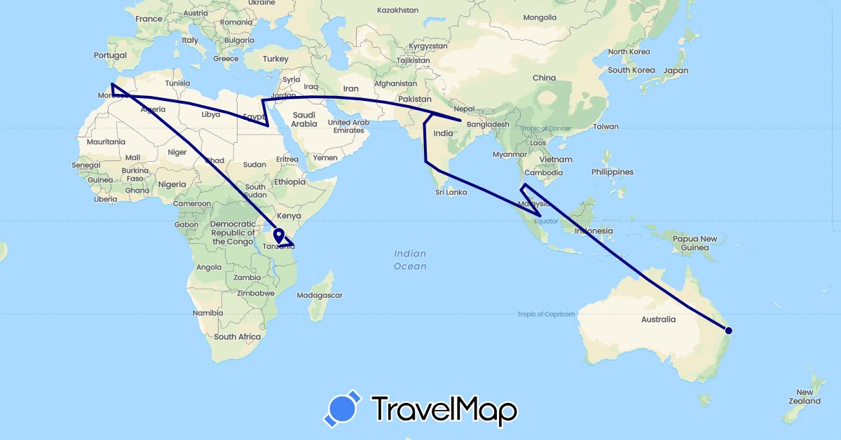 TravelMap itinerary: driving in Australia, Egypt, India, Morocco, Singapore, Thailand, Tanzania (Africa, Asia, Oceania)